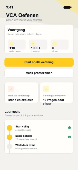 Home-scherm van VCA Oefenen met voortgang, leerroute en badges
